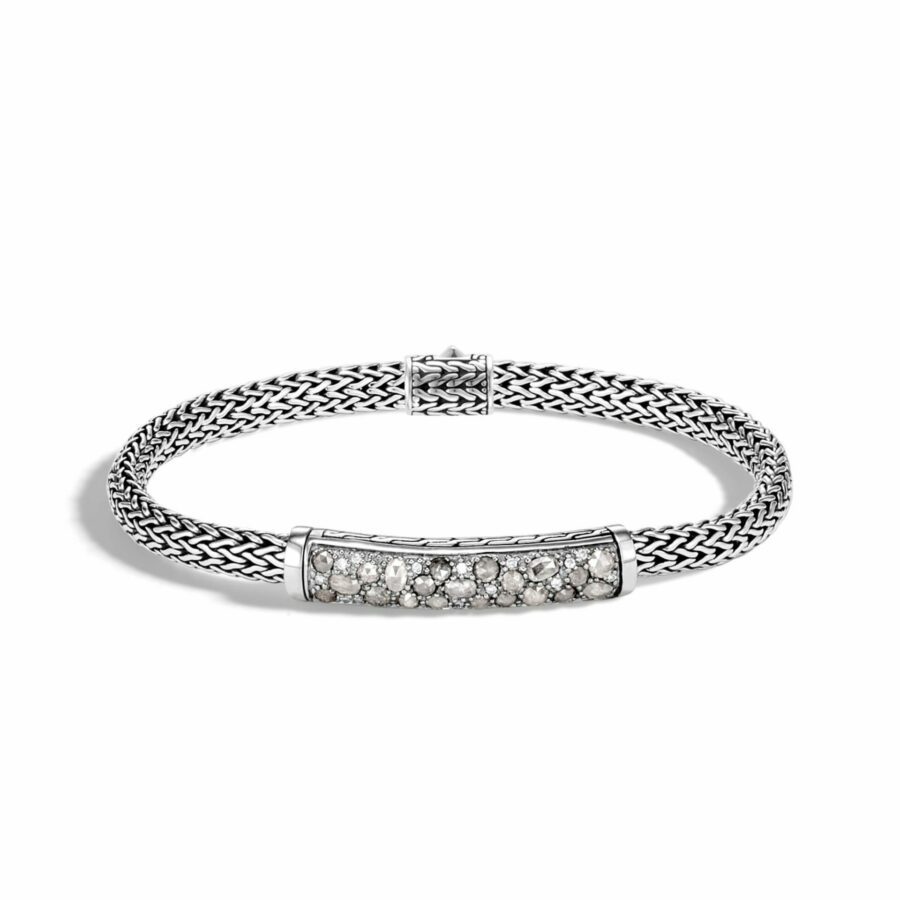 John Hardy Classic Chain Bracelet – Station in Silver 5MM with White Diamonds – Medium