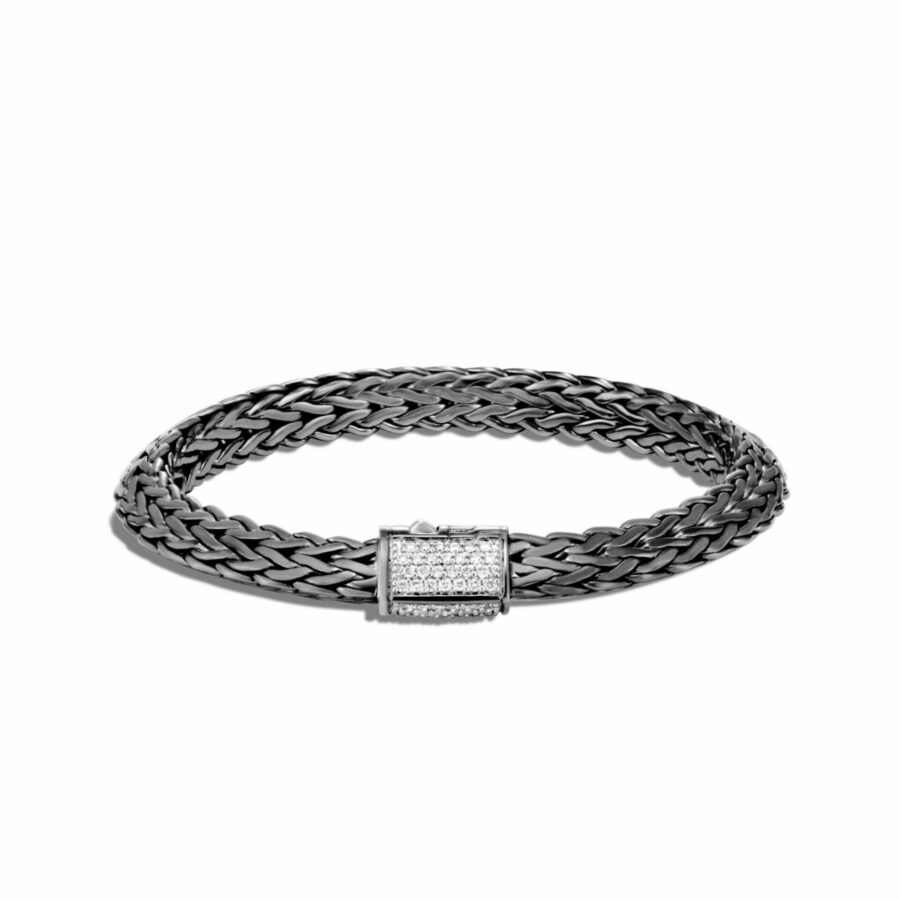 John Hardy Tiga Classic Chain Bracelet – Blackened Silver 8MM with White Diamonds – Medium