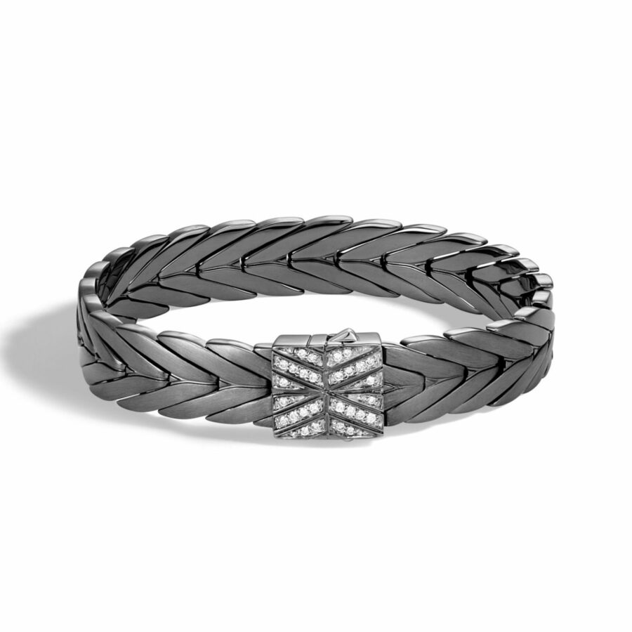 John Hardy Modern Chain Bracelet – Blackened Silver 11MM with White Diamonds – Medium