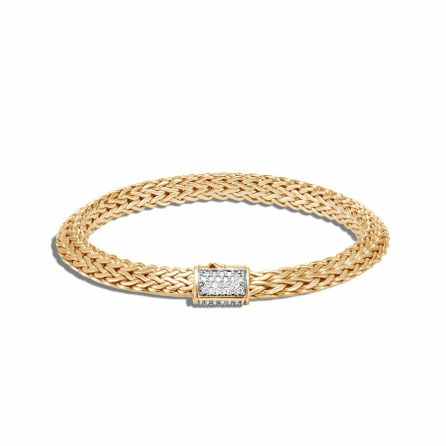 John Hardy Tiga Classic Chain Bracelet – 18K Gold 6.5MM with White Diamonds – Medium