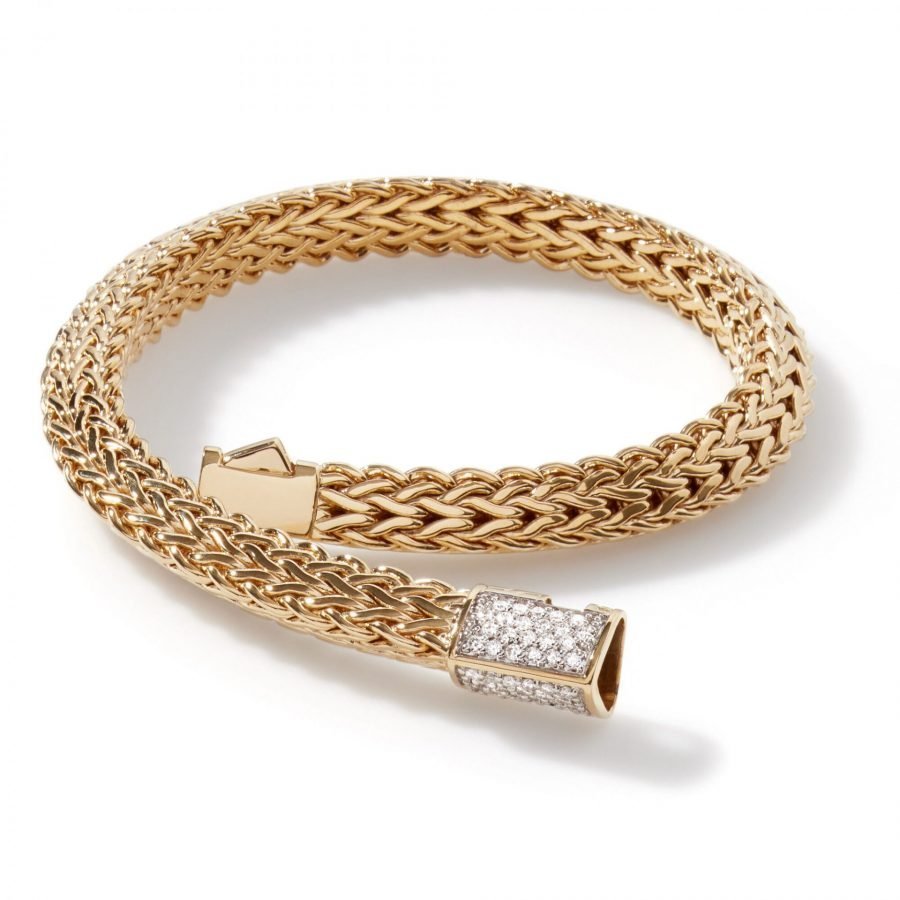 John Hardy Tiga Classic Chain 6.5MM Bracelet in 18K Gold with White Diamonds – Medium