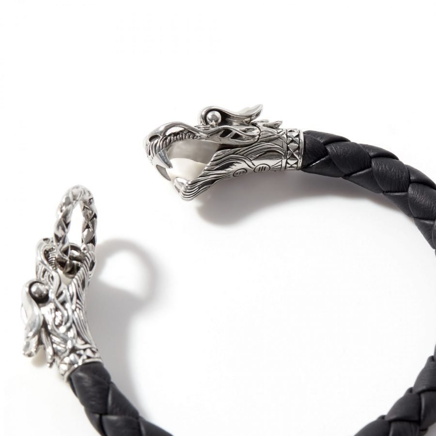 John Hardy Legends Naga 8MM Double Head Bracelet in Silver and Leather – Medium