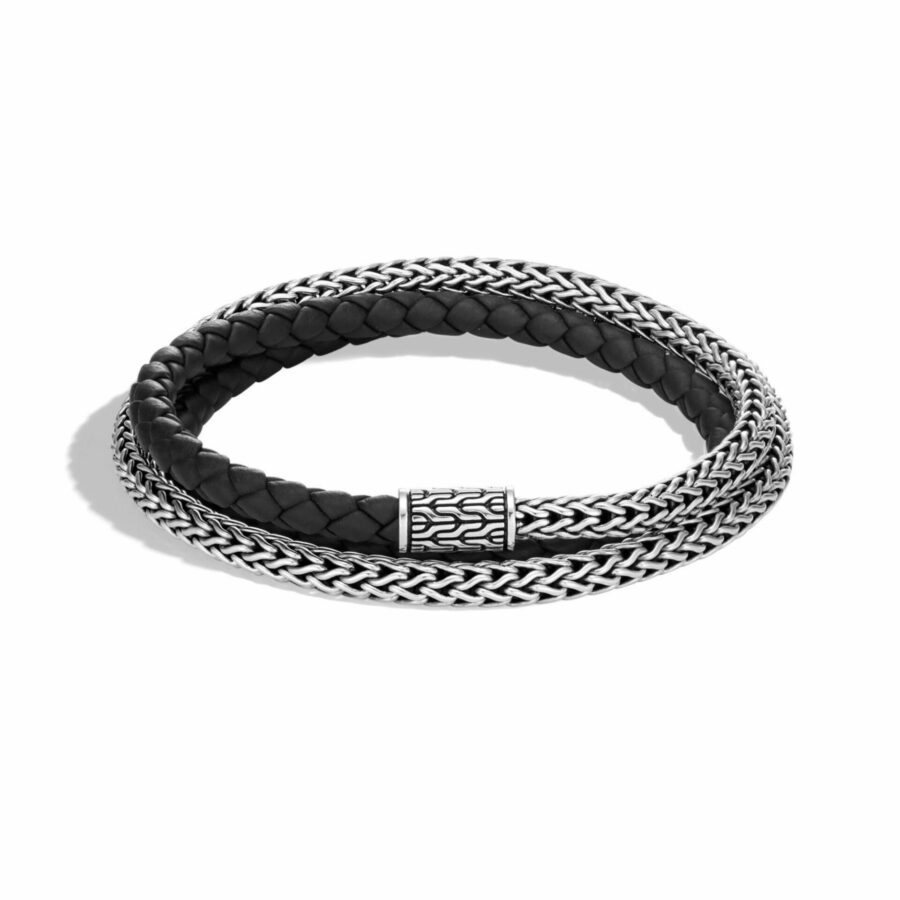 John Hardy Classic Chain Bracelet – Triple Wrap in Silver with Leather 5MM – Medium
