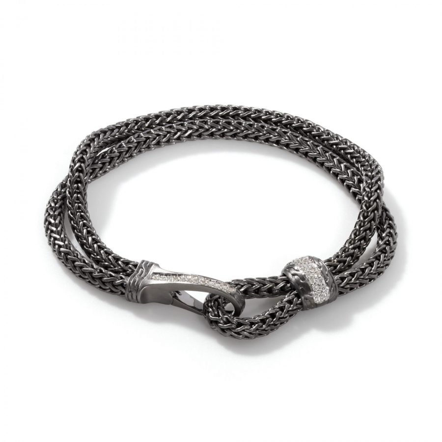 John Hardy Classic Chain Hook Clasp Bracelet in Blackened Silver with White Diamonds