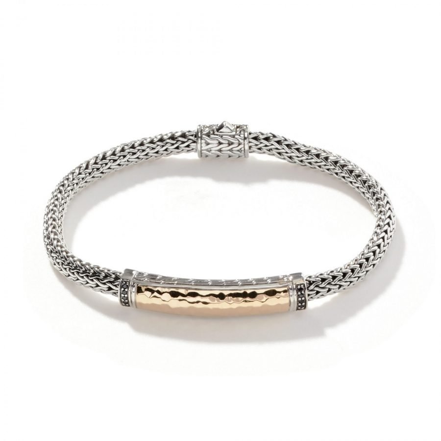 John Hardy Classic Chain Station Bracelet in Silver & Hammered 18K Gold with Black Spinel