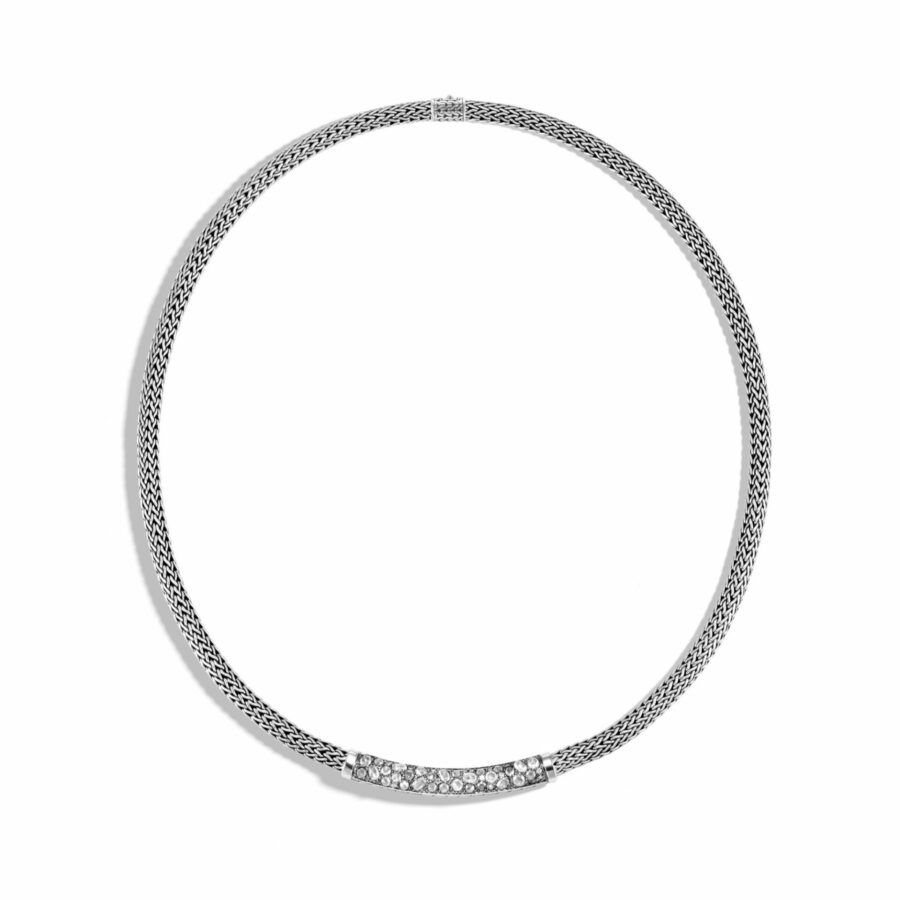 John Hardy Classic Chain Necklace – Station in Silver with White Diamonds 5MM