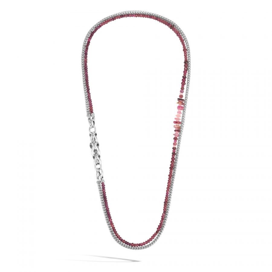 John Hardy Asli Classic Chain Link Double Row Necklace in Silver with Pink Tourmaline