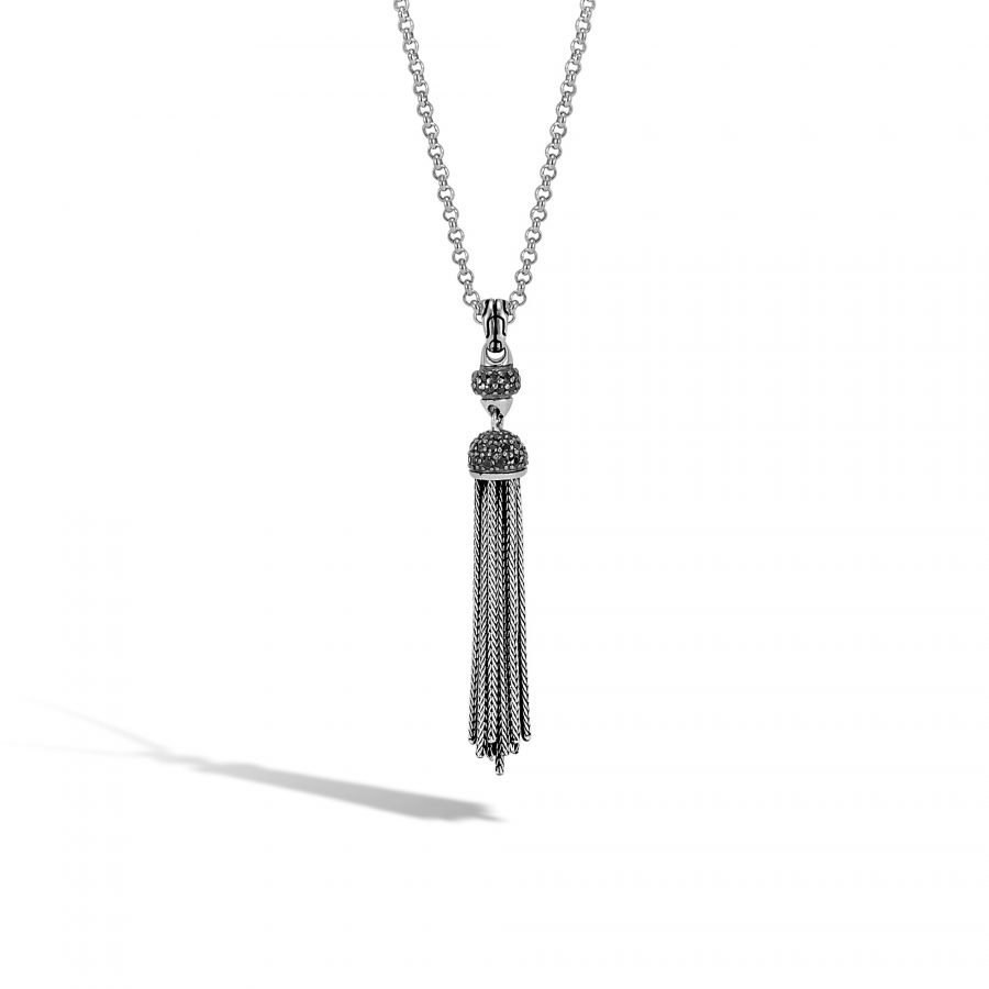 John Hardy Classic Chain Tassel Necklace in Silver with Black Spinel