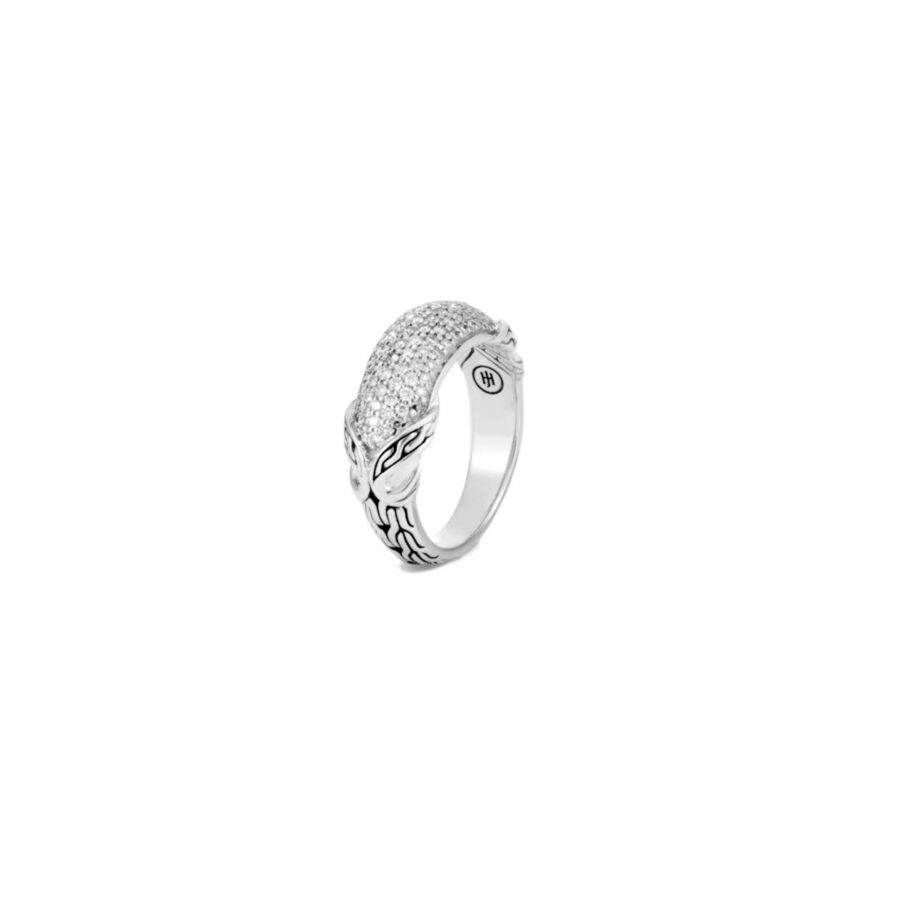 John Hardy Asli Classic Chain Link Ring – Dome in Silver with White Diamonds – Size 7