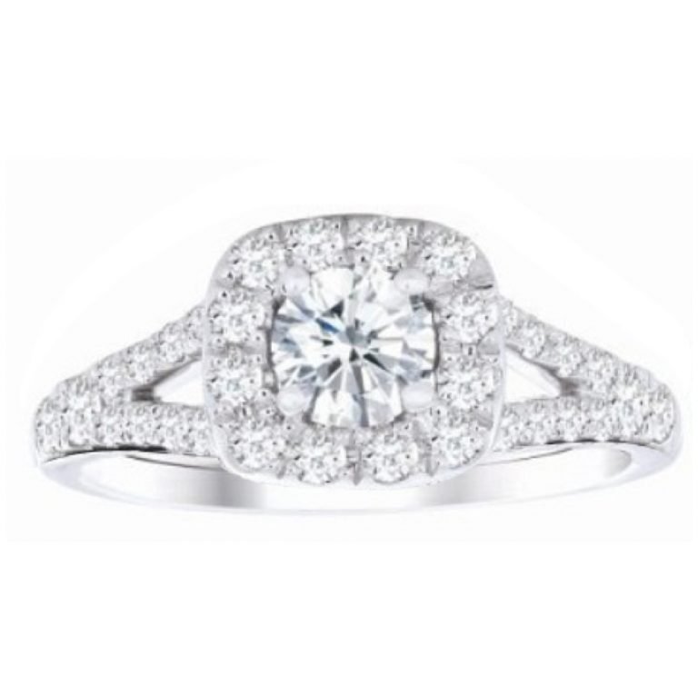 Ring Engagement - Halo Square Split Shank 1.50 ctw diamonds in 14K White Gold 1