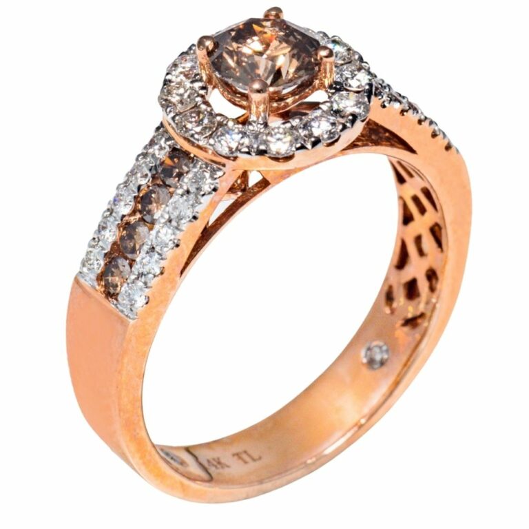 Ring Solitaire Halo Plus - Center Brown Diamond 0.50 ctw, Side Brown Diamonds 0.25 ctw, White Diamonds 0.55 ctw 1