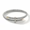 John Hardy Spear Pave Flex Cuff - Silver and 14K Gold 5.5MM with White Diamonds - Small to Medium