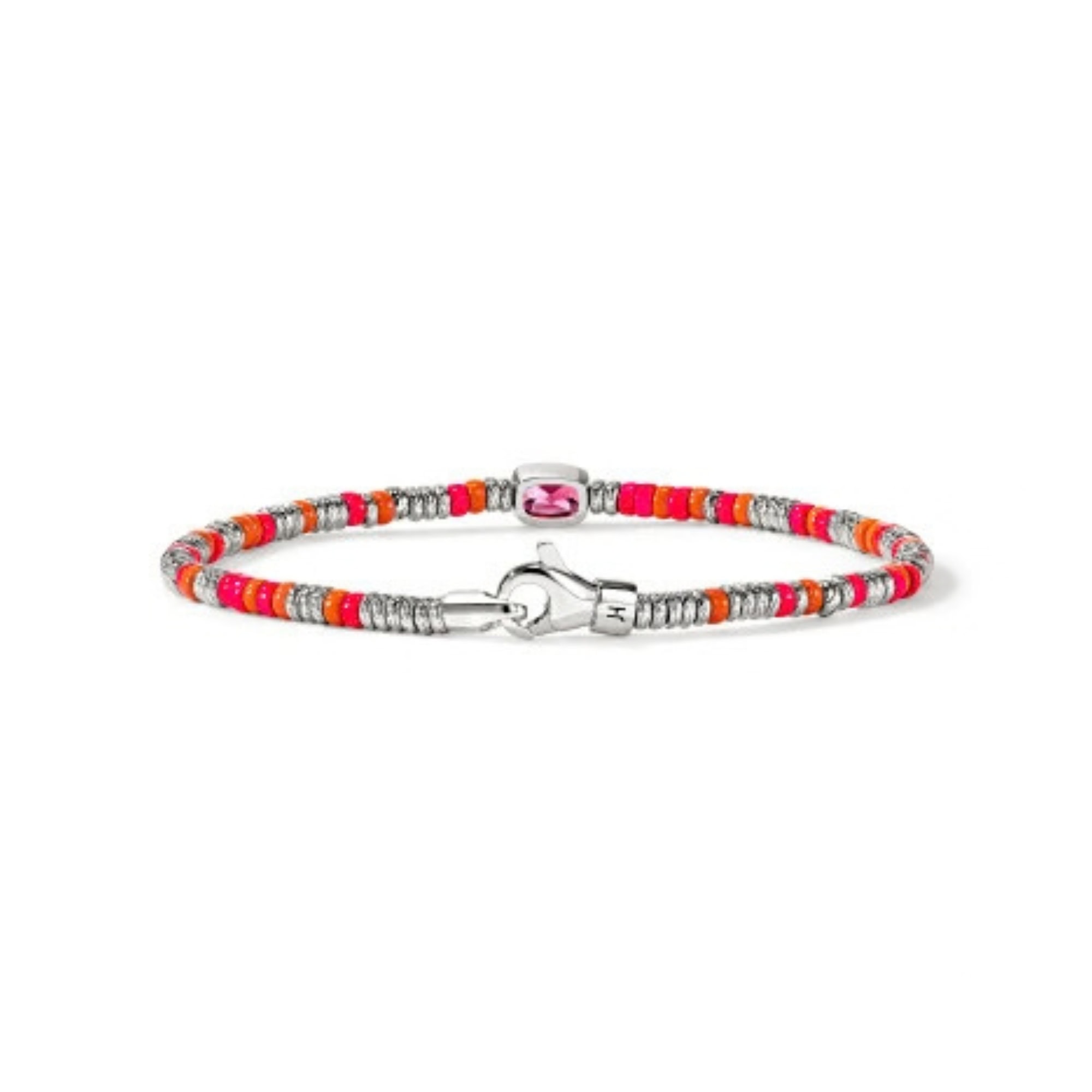 John Hardy Heishi Gem Bracelet - Silver 2.5MM with Rhodolite and Neon Pink and Orange Enamel Beads - Medium 4 John Hardy Heishi Gem Bracelet - Silver 2.5MM with Rhodolite and Neon Pink and Orange Enamel Beads - Medium - Image 4
