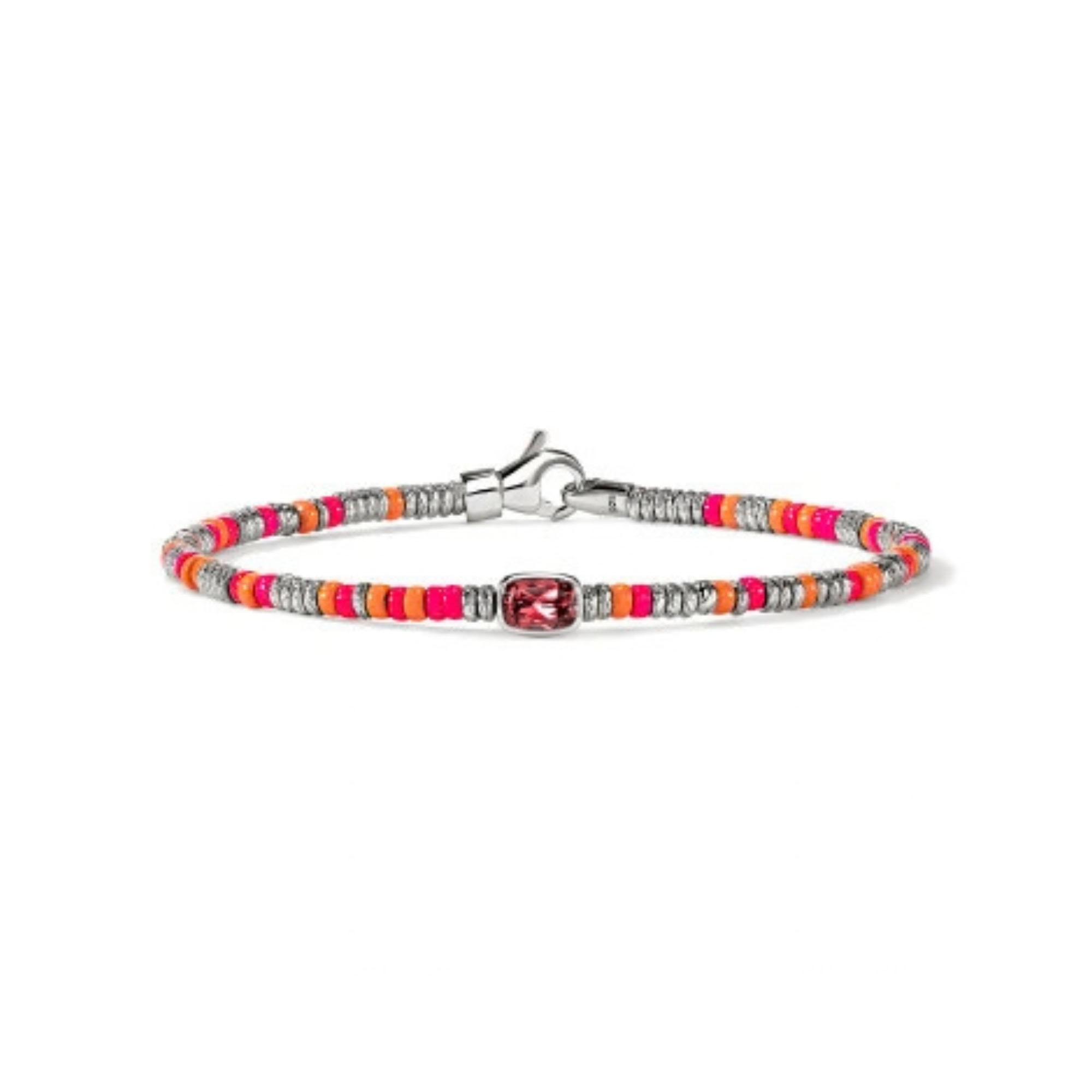 John Hardy Heishi Gem Bracelet - Silver 2.5MM with Rhodolite and Neon Pink and Orange Enamel Beads - Medium 1 John Hardy BUS290171PKORRH