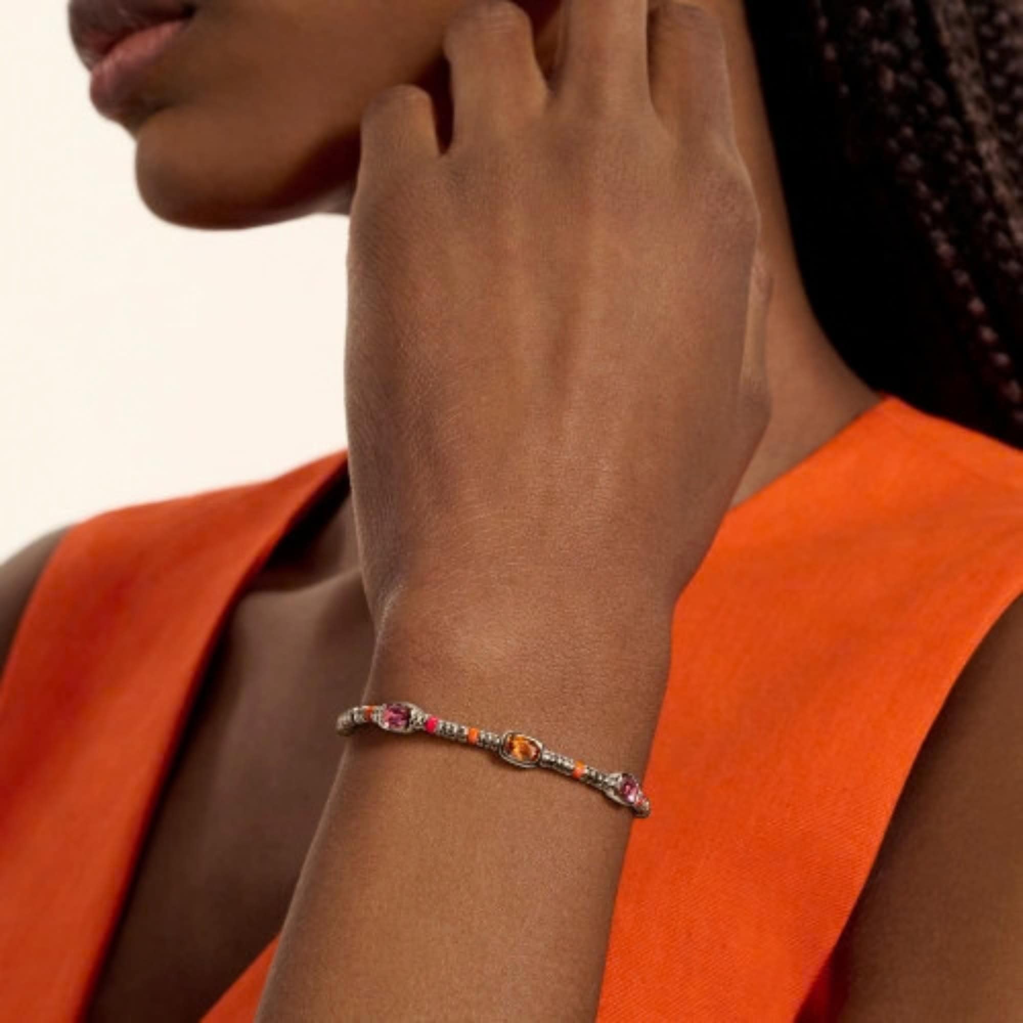 John Hardy Heishi Gem Bracelet - Silver 2.5MM with Orange Citrine, Rhodolite, Pink Tourmaline and Orange and Neon Pink Enamel Beads - Medium 2 John Hardy Heishi Gem Bracelet - Silver 2.5MM with Orange Citrine, Rhodolite, Pink Tourmaline and Orange and Neon Pink Enamel Beads - Medium - Image 2