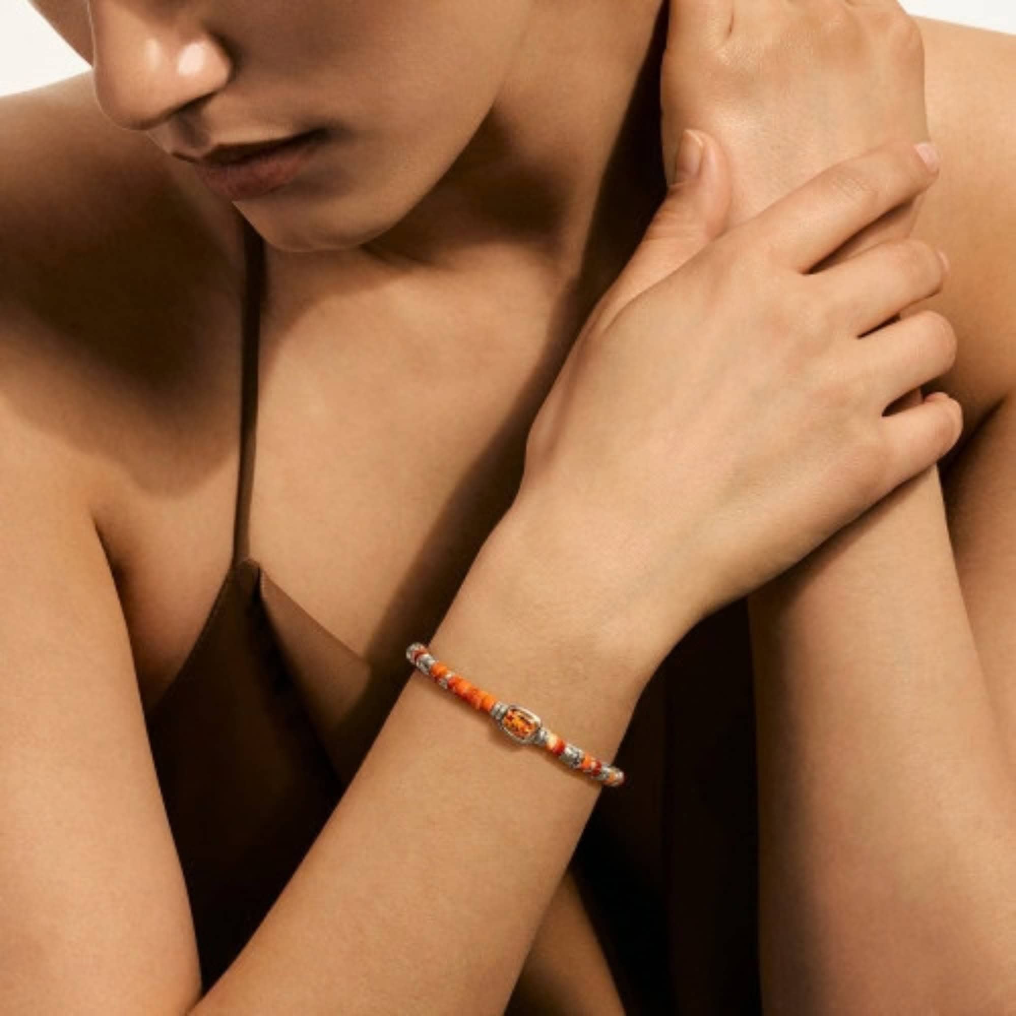 John Hardy Heishi Gem Bracelet - Silver 4MM with Orange Citrine and Orange and Red Spiny Oyster Shell and Orange Enamel Beads - Medium BUS290201MCIOYSXUM 2 John Hardy Heishi Gem Bracelet - Silver 4MM with Orange Citrine and Orange and Red Spiny Oyster Shell and Orange Enamel Beads - Medium BUS290201MCIOYSXUM - Image 2