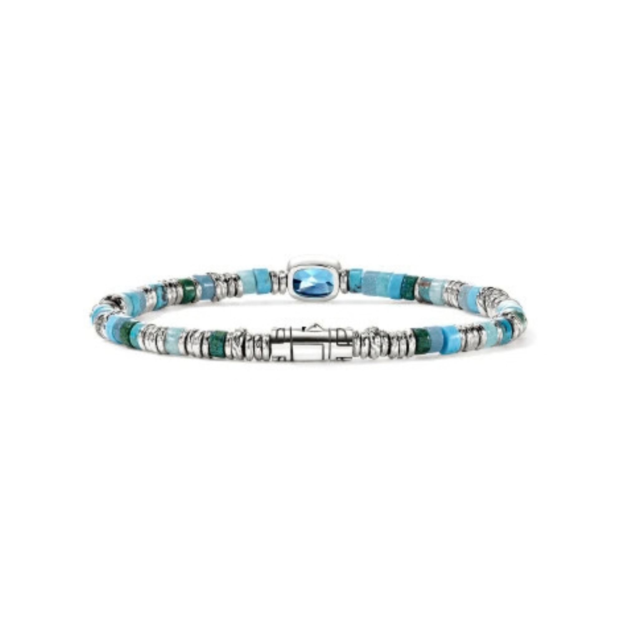 John Hardy Heishi Gem Bracelet - Silver 4MM with Swiss Blue Topaz and Turquoise, Amazonite, Blue Magnesite, Blue Quartz, Green Chrysocolla Beads - Medium 5 John Hardy Heishi Gem Bracelet - Silver 4MM with Swiss Blue Topaz and Turquoise, Amazonite, Blue Magnesite, Blue Quartz, Green Chrysocolla Beads - Medium - Image 5