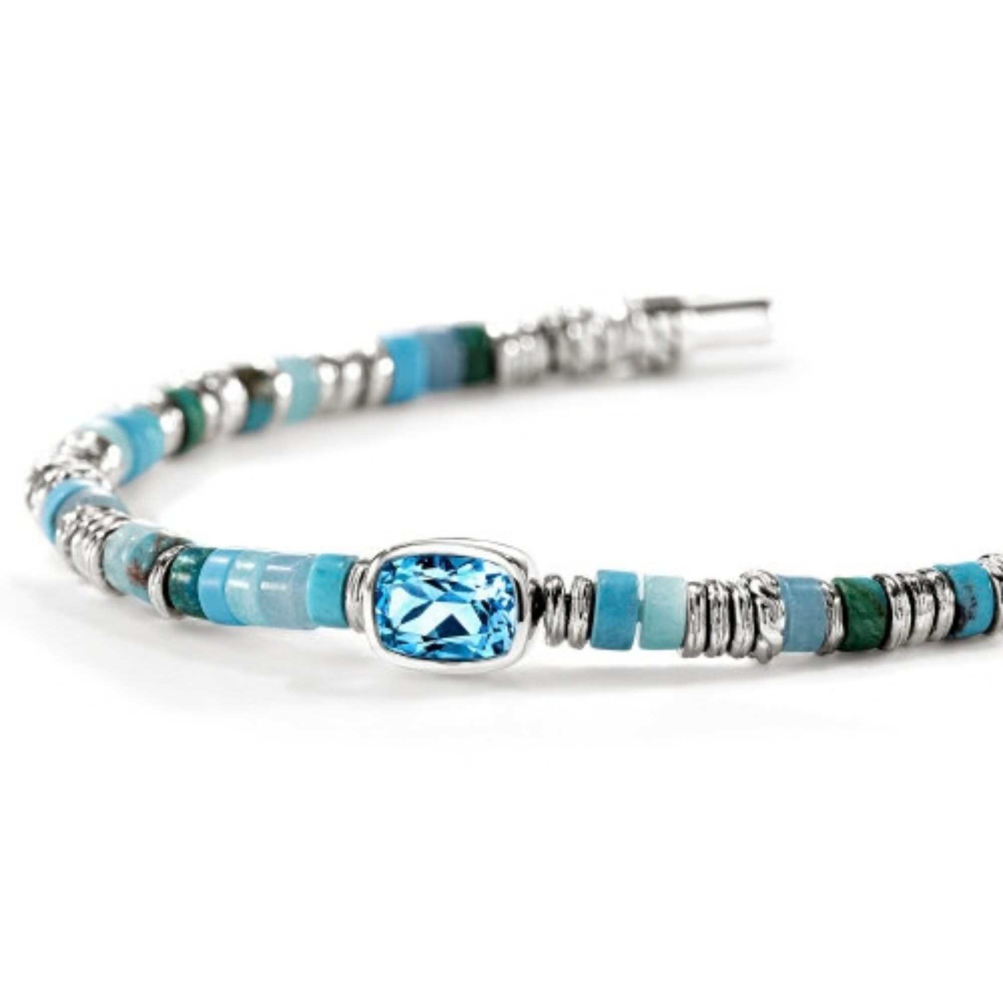 John Hardy Heishi Gem Bracelet - Silver 4MM with Swiss Blue Topaz and Turquoise, Amazonite, Blue Magnesite, Blue Quartz, Green Chrysocolla Beads - Medium 3 John Hardy Heishi Gem Bracelet - Silver 4MM with Swiss Blue Topaz and Turquoise, Amazonite, Blue Magnesite, Blue Quartz, Green Chrysocolla Beads - Medium - Image 3