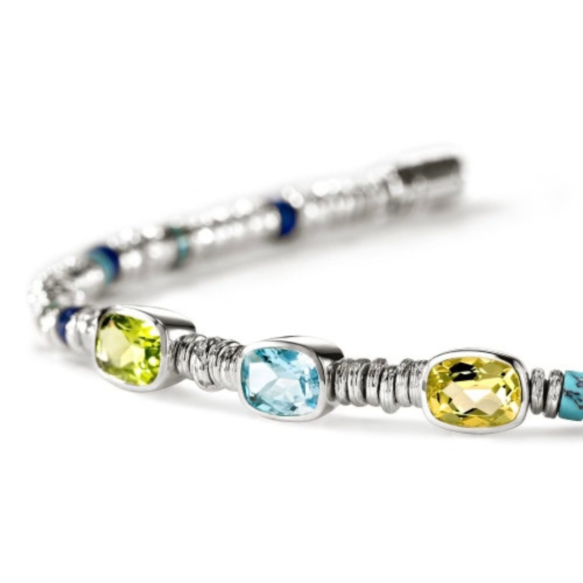 John Hardy Heishi Gem Bracelet - Silver 4MM with Peridot, Sky Blue Topaz, Quartz and Lapis Lazuli, Turquoise - Medium 3 John Hardy Heishi Gem Bracelet - Silver 4MM with Peridot, Sky Blue Topaz, Quartz and Lapis Lazuli, Turquoise - Medium - Image 3