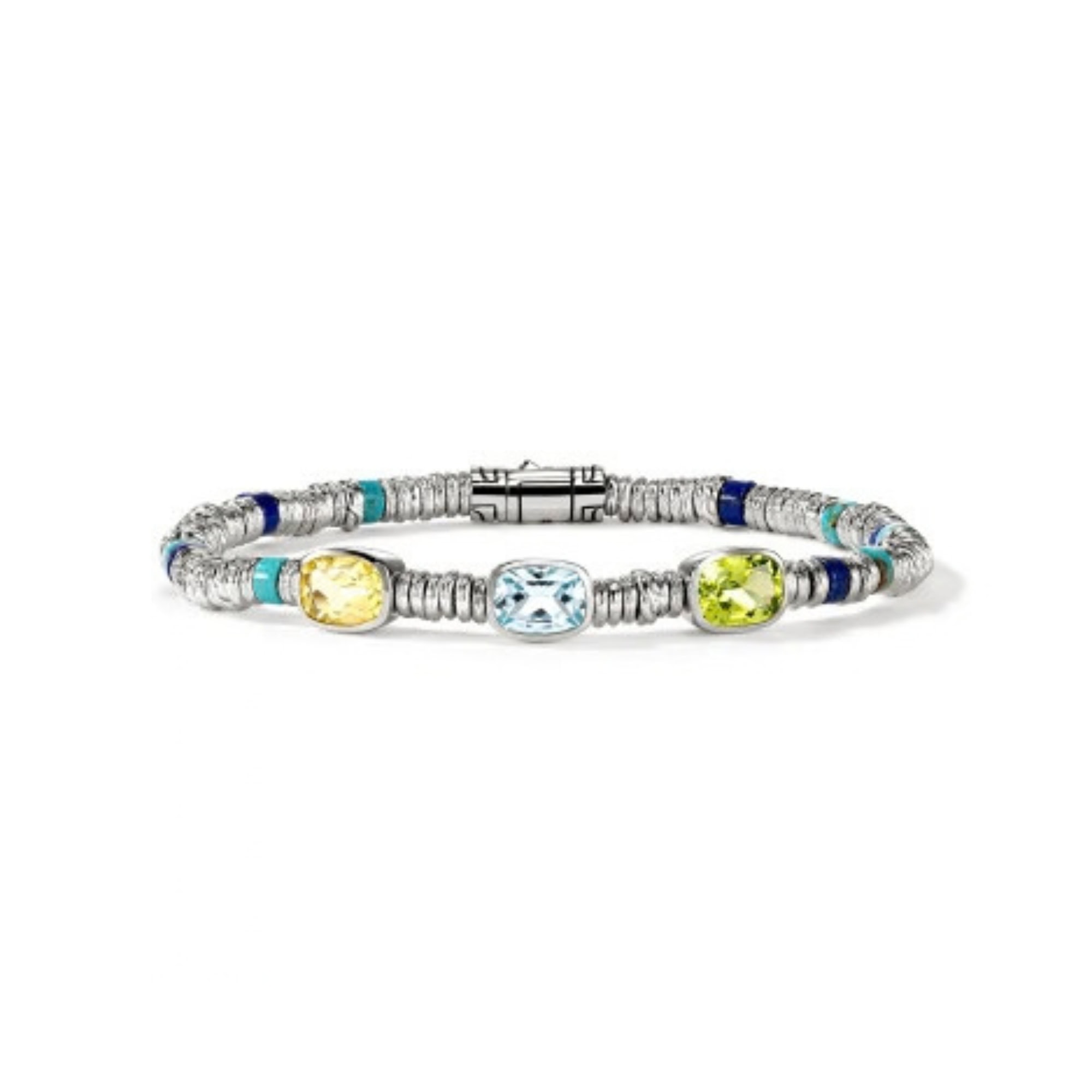 John Hardy Heishi Gem Bracelet - Silver 4MM with Peridot, Sky Blue Topaz, Quartz and Lapis Lazuli, Turquoise - Medium 1 John Hardy BUS290241PEBTLQZ