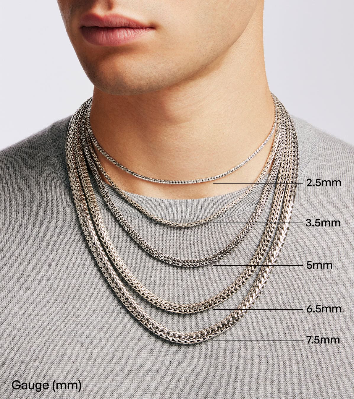 Chain gauge width reference for John Hardy necklaces, men