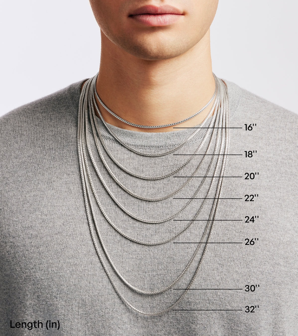 Necklace lengths from 18 inches to 26 inches shown on a man