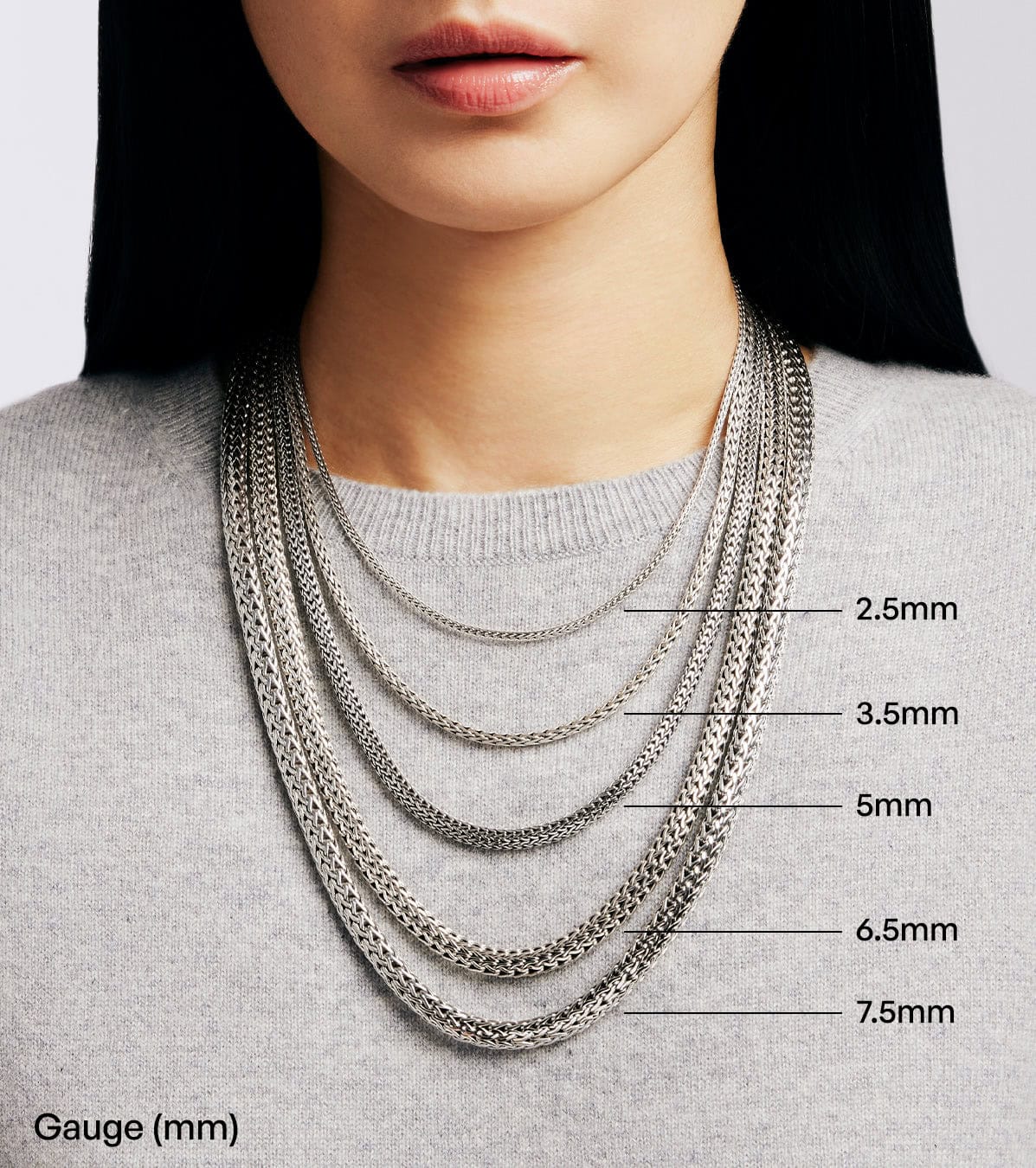 Chain gauge width reference for John Hardy necklaces, women