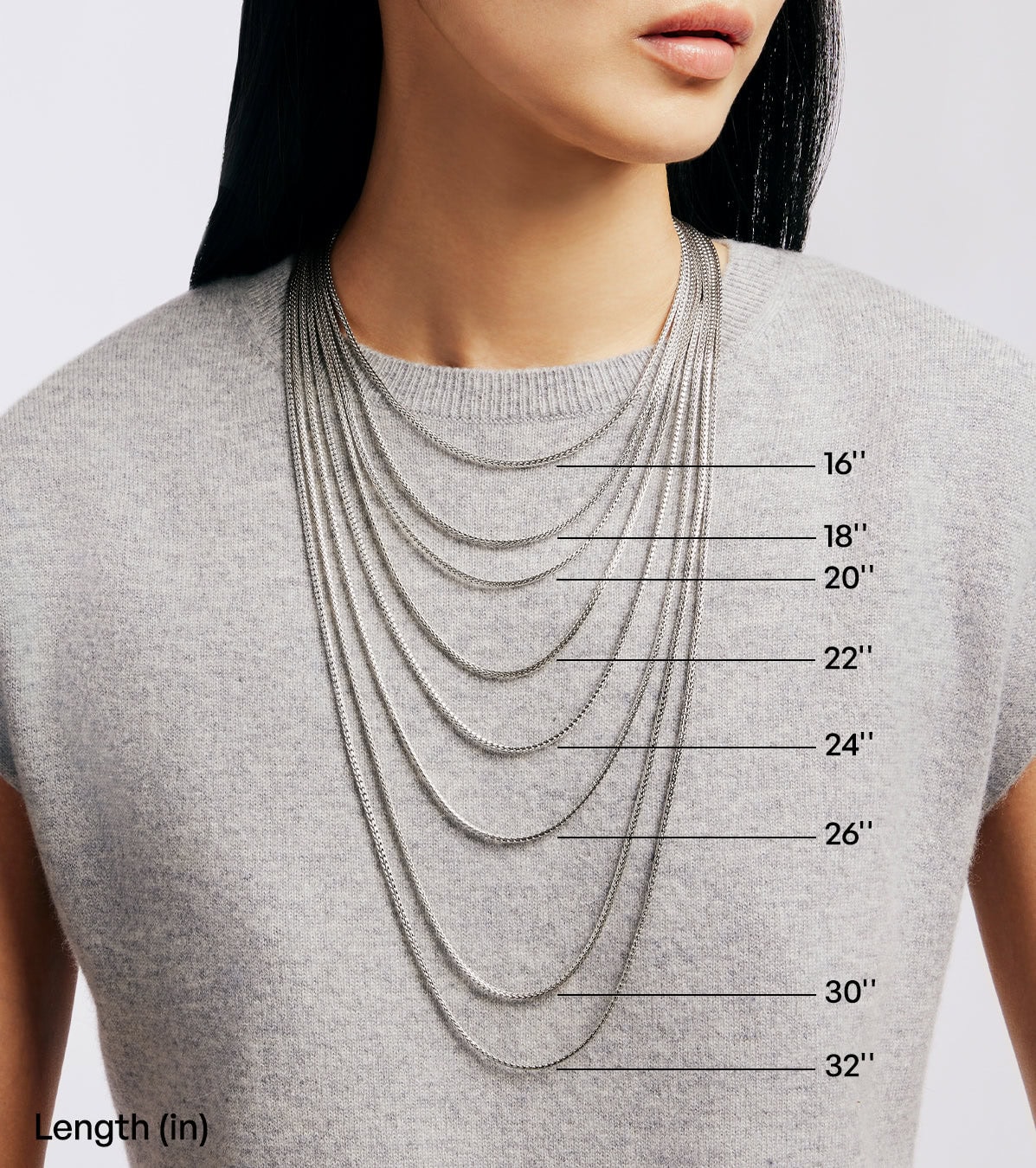 Necklace lengths from 16 inches to 36 inches shown on a woman